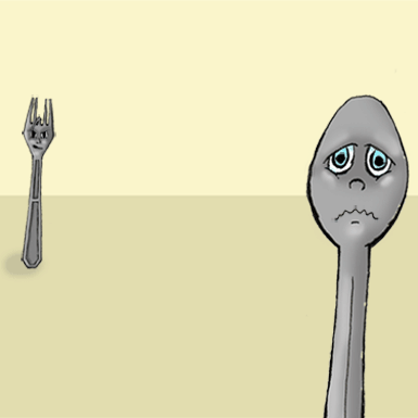 Early internet GIF depicting a spoon with a cartoon face looking very nervous. A sinister fork steps in and out of the frame, scaring the spoon, which runs away.