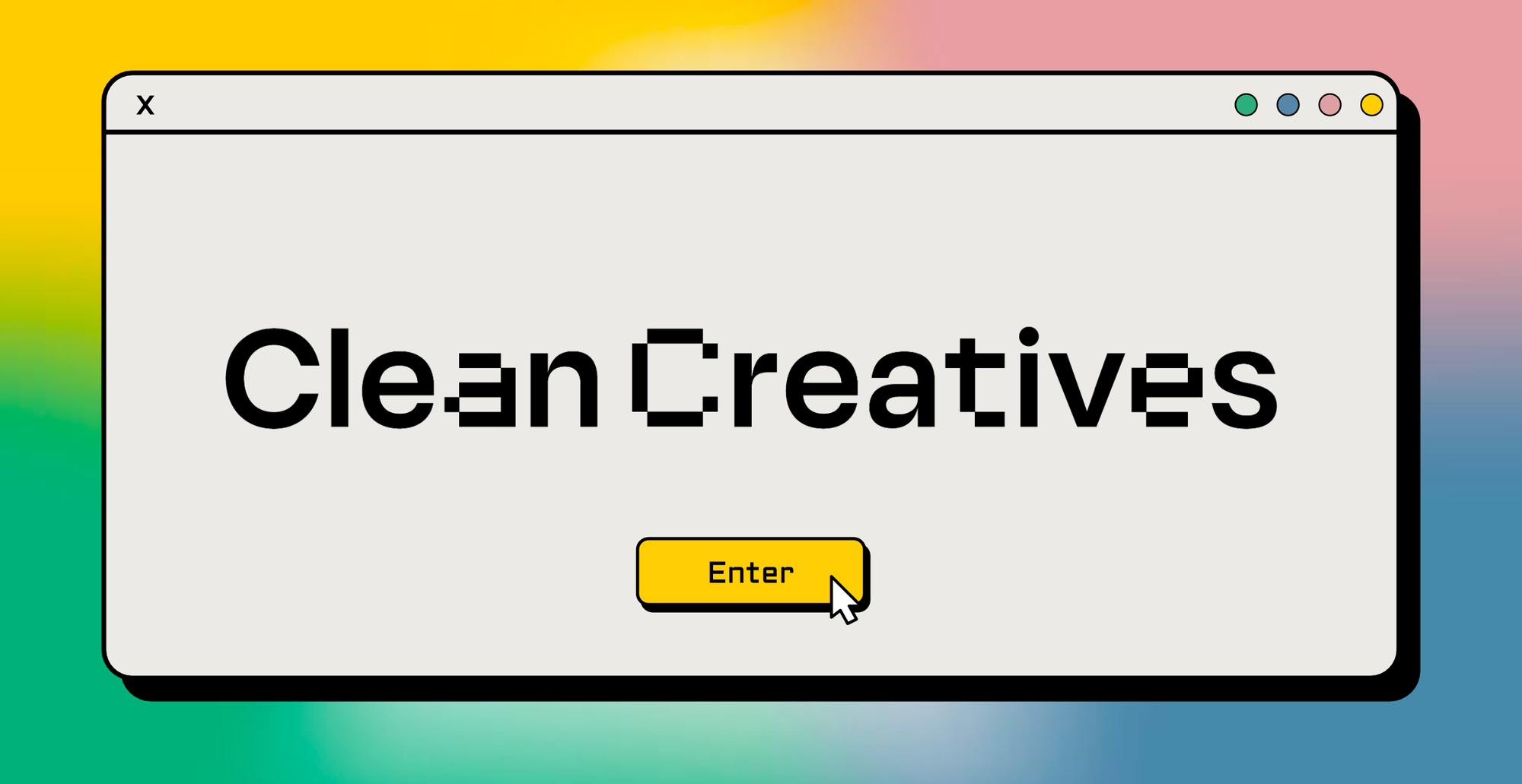 Browser window showing Clean Creatives website homepage with colorful background and Enter button.