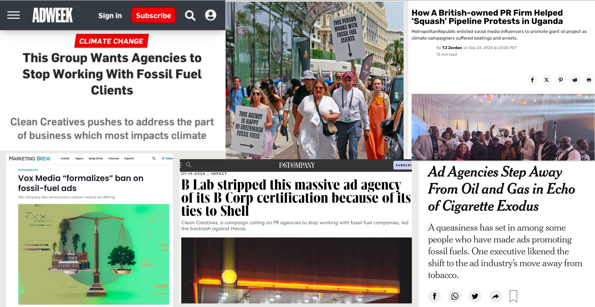 Collection of news headlines and articles about Clean Creatives campaign, including stories from AdWeek, Fast Company, and other publications