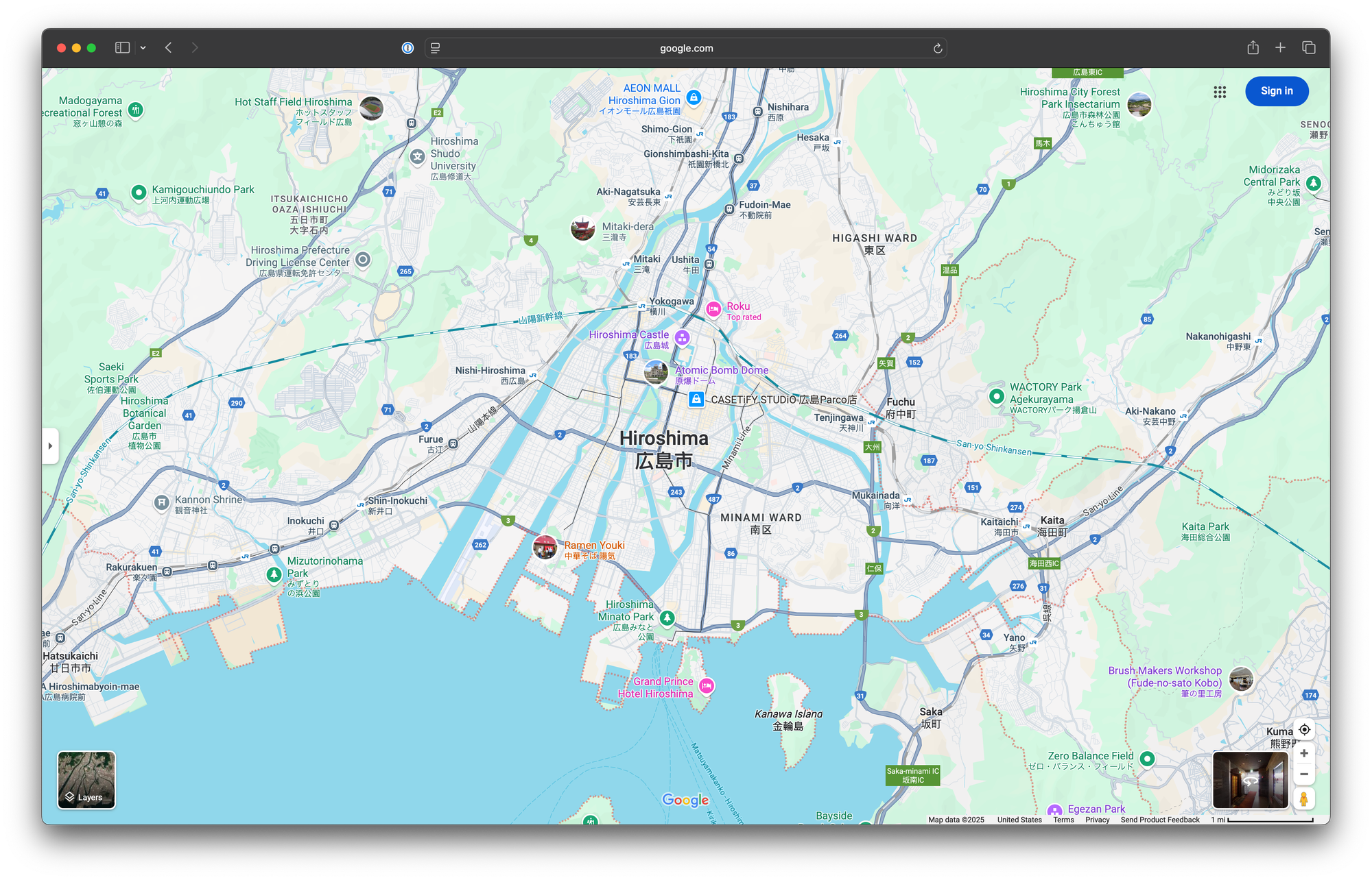 Screenshot of a browser window open to Google Maps, showing the city of Hiroshima, Japan.
