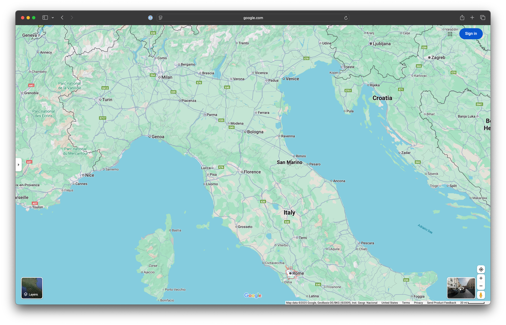 Screenshot of a browser window open to Google Maps, showing Italy.