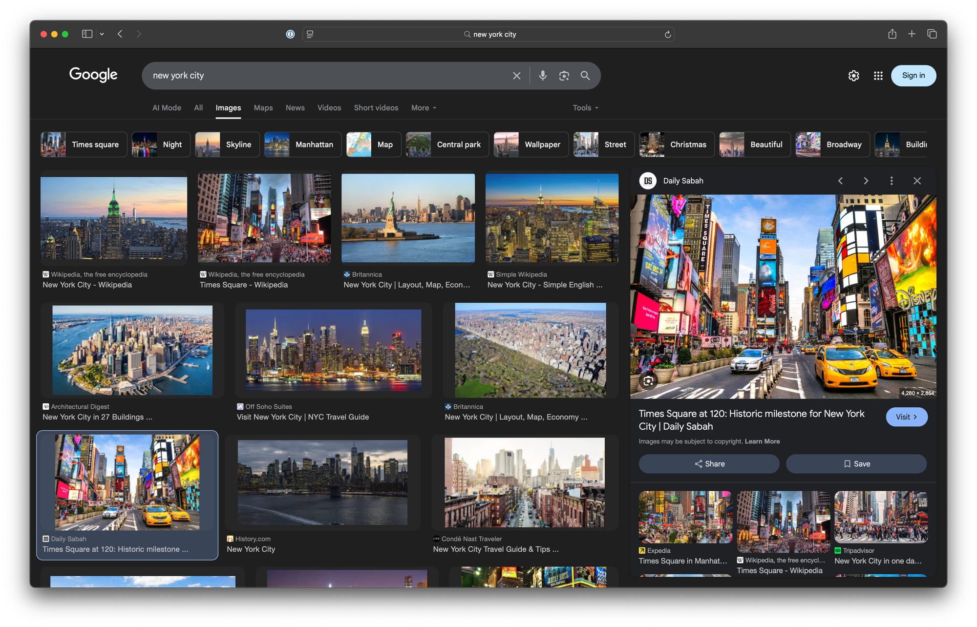 Screenshot of Google Images search results showing the most stereotypical views of New York City, including Times Square and the Statue of Liberty.