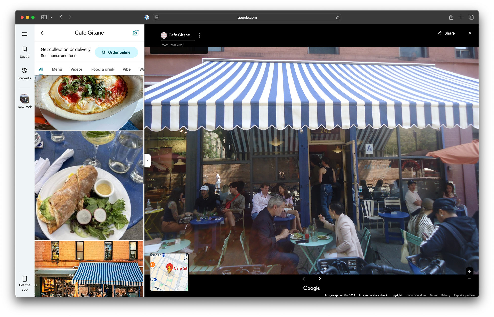 Screenshot of the Google Maps page, with user-submitted images showing the cafe's streetside tables.